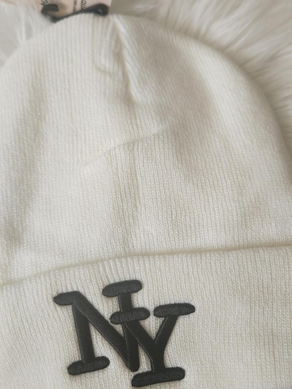 NY Embroidered White Knit Beanie - Men